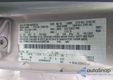 2018 Ford Escape Se from USA, damaged, VIN 1FMCU9GD6JUC99739